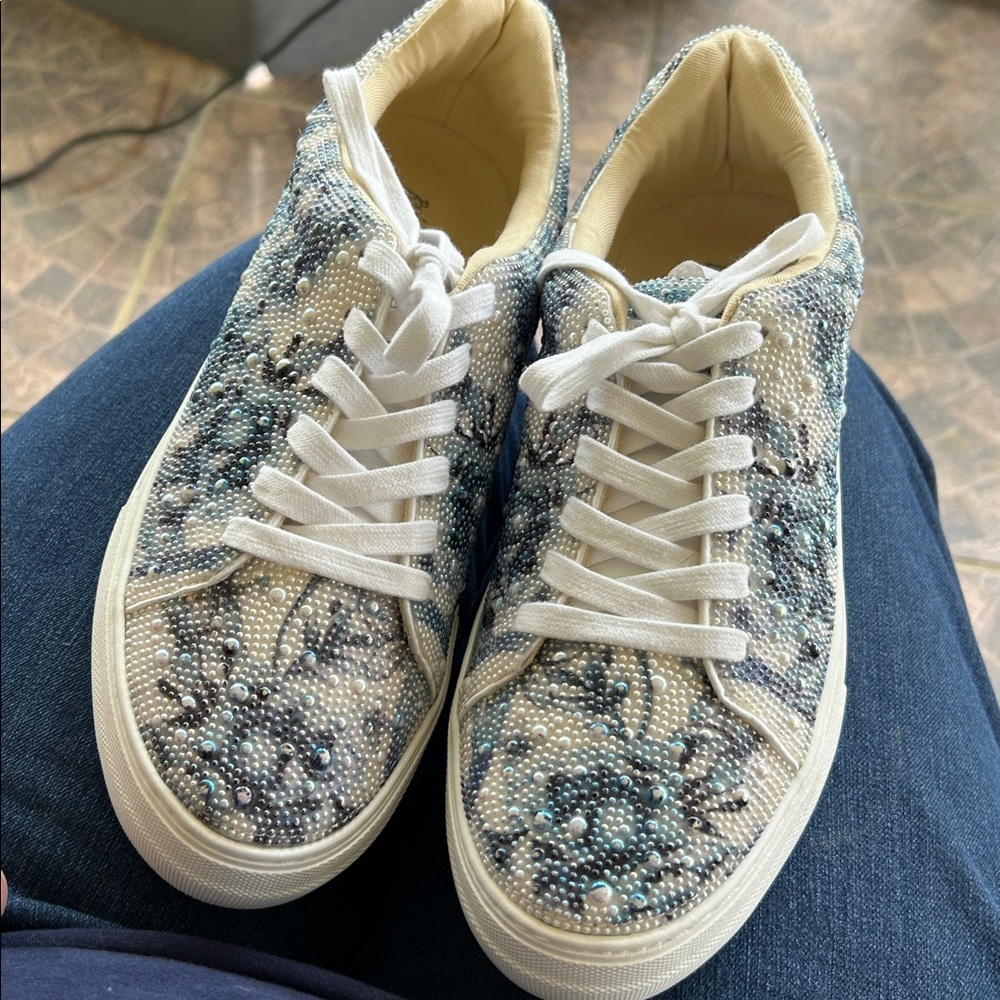 Rhinestone Slip-On Sneakers - Beige with Blue/Green Accents